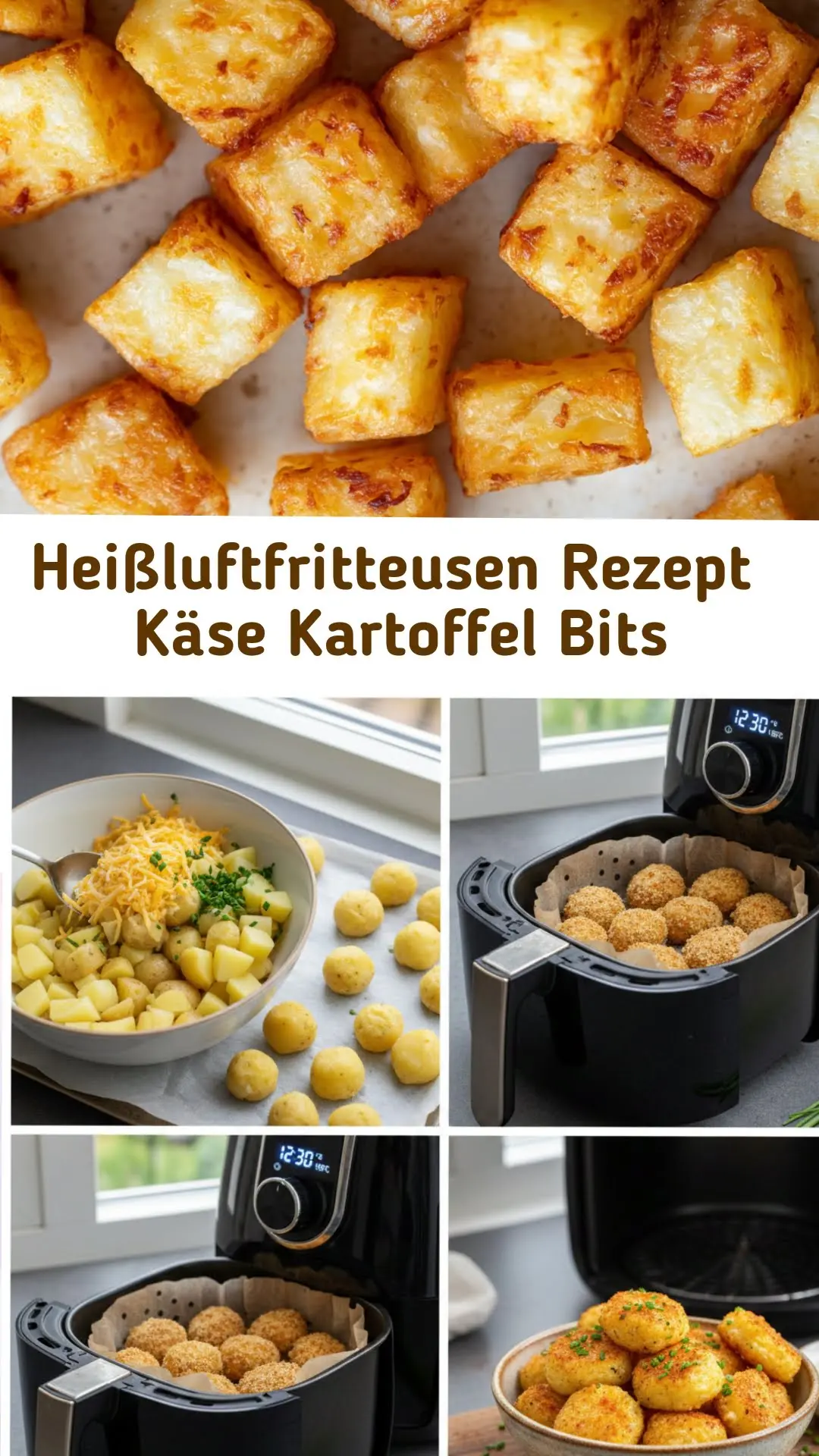 Appetitliche Draufsicht auf knusprige Käse-Kartoffel-Bites aus der Heißluftfritteuse – goldbraun und perfekt für Instagram